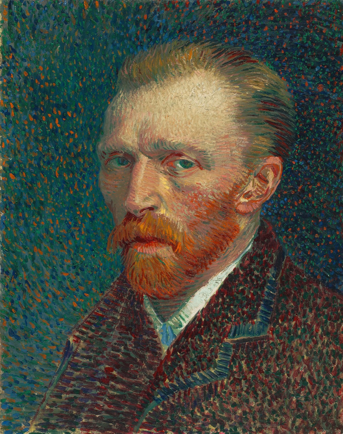 Vincent van Gogh looking directly at the viewer in a blue-toned self-portrait.