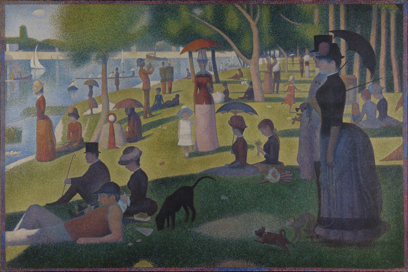 A large crowd gathers beside a river in Georges Seurat's pointillist painting.
