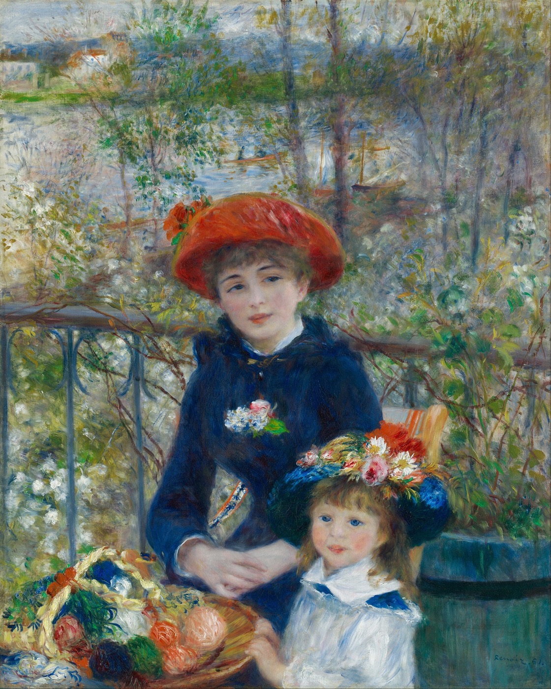 Two sisters sit closely together on a terrace above a river.